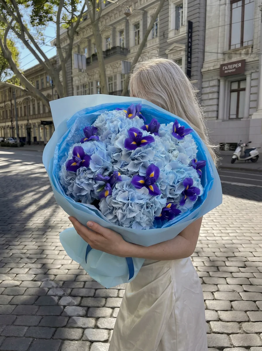 Авторский букет из ирисов и гортензии в упаковке «Синий импульс» — фото 2