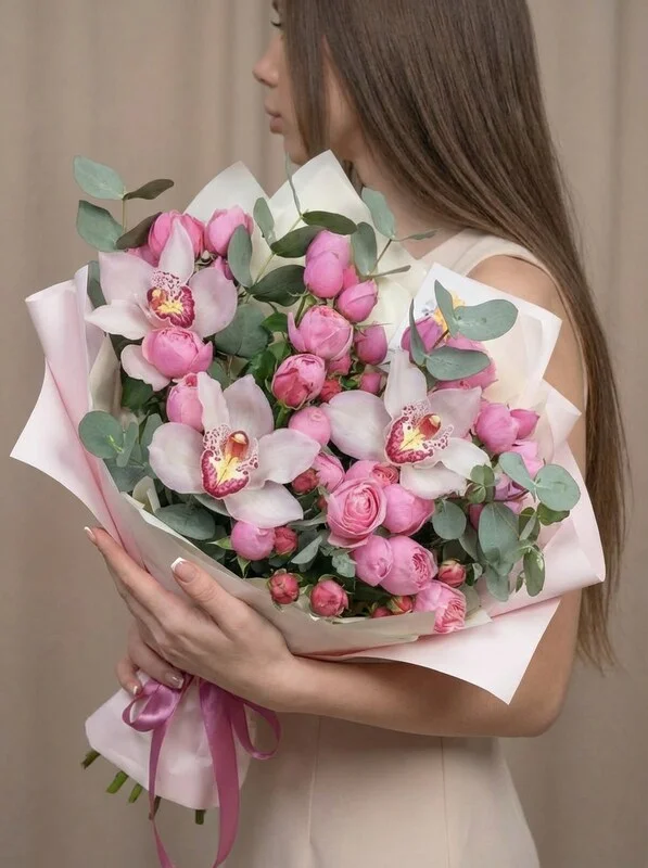 Букет цветов «красота» из кустовой розы и орхидеи