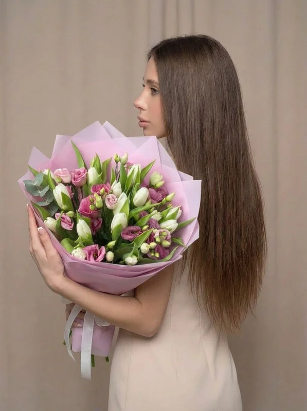 Букет «Розовое настроение» из тюльпанов и маттиолы