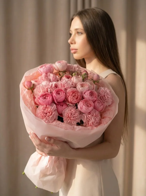 Букет цветов из диантусов и кустовой розы «Лалли поп»