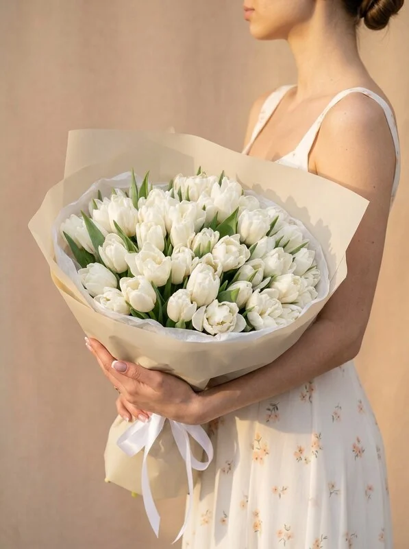 Белоснежный монобукет цветов из белых тюльпанов, 51 шт