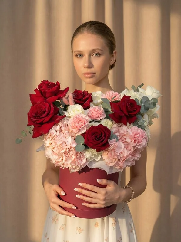 Букет цветов в коробке «Очарование» из роз и гортензий