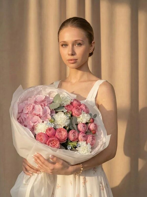 Букет цветов «Розовый рассвет» из гортензии и диантусов