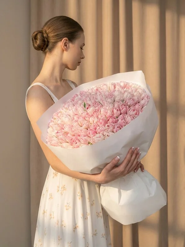 Букет цветов «Эмили» из пионовидных бело-розовых тюльпанов, 101 шт