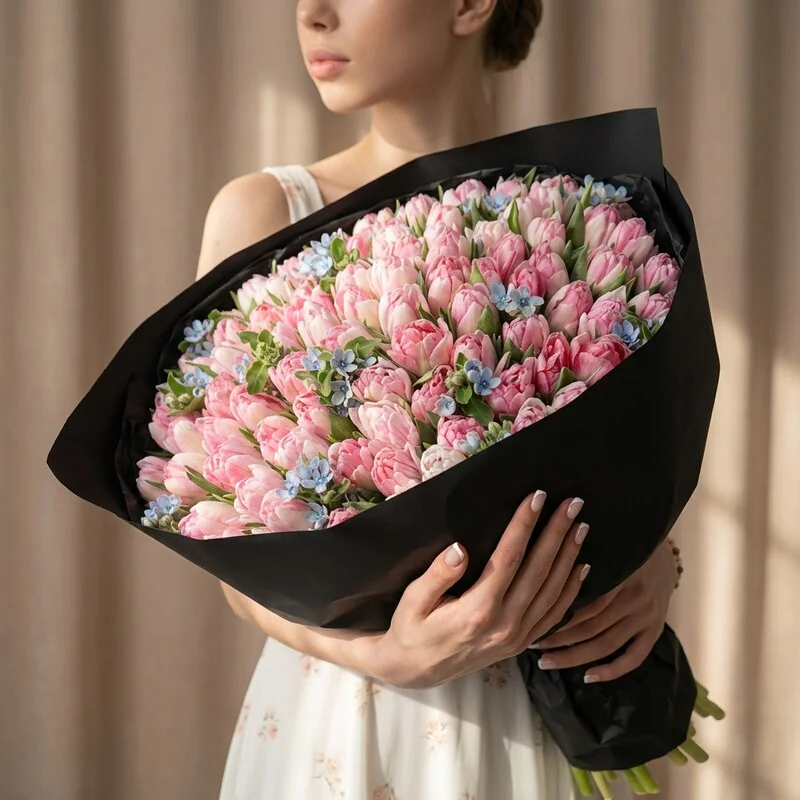 Букет цветов «Весна» из пионовидных тюльпанов, 51 шт