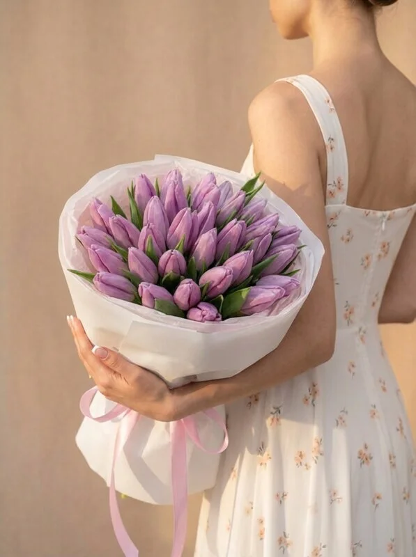 Нежный букет из лавандовых тюльпанов, 27 шт