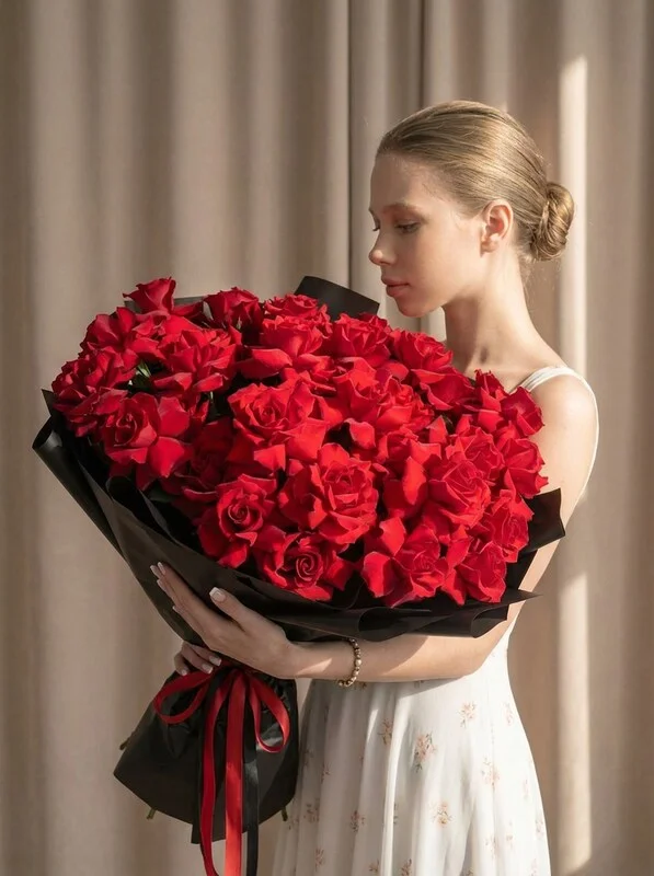 Пышный монобукет из красных французских роз, 31 шт