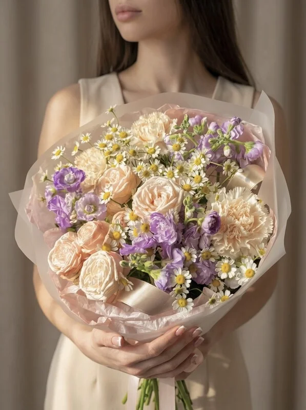 Букет из кустовой розы и маттиолы «Весенний день»